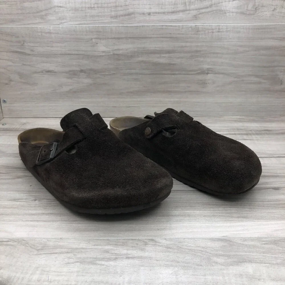 Birkenstock Brown Suede Clogs with Buckle